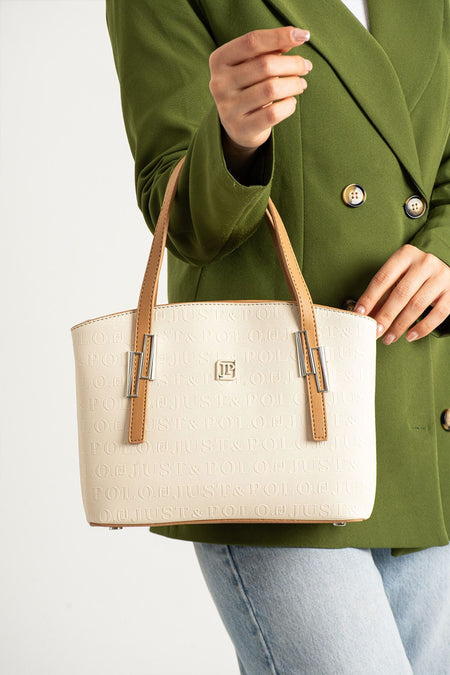 Just Polo Beige Women's Embossed Print Shoulder and Handbag with Long Adjustable Shoulder Strap 4030 - MALLTURK