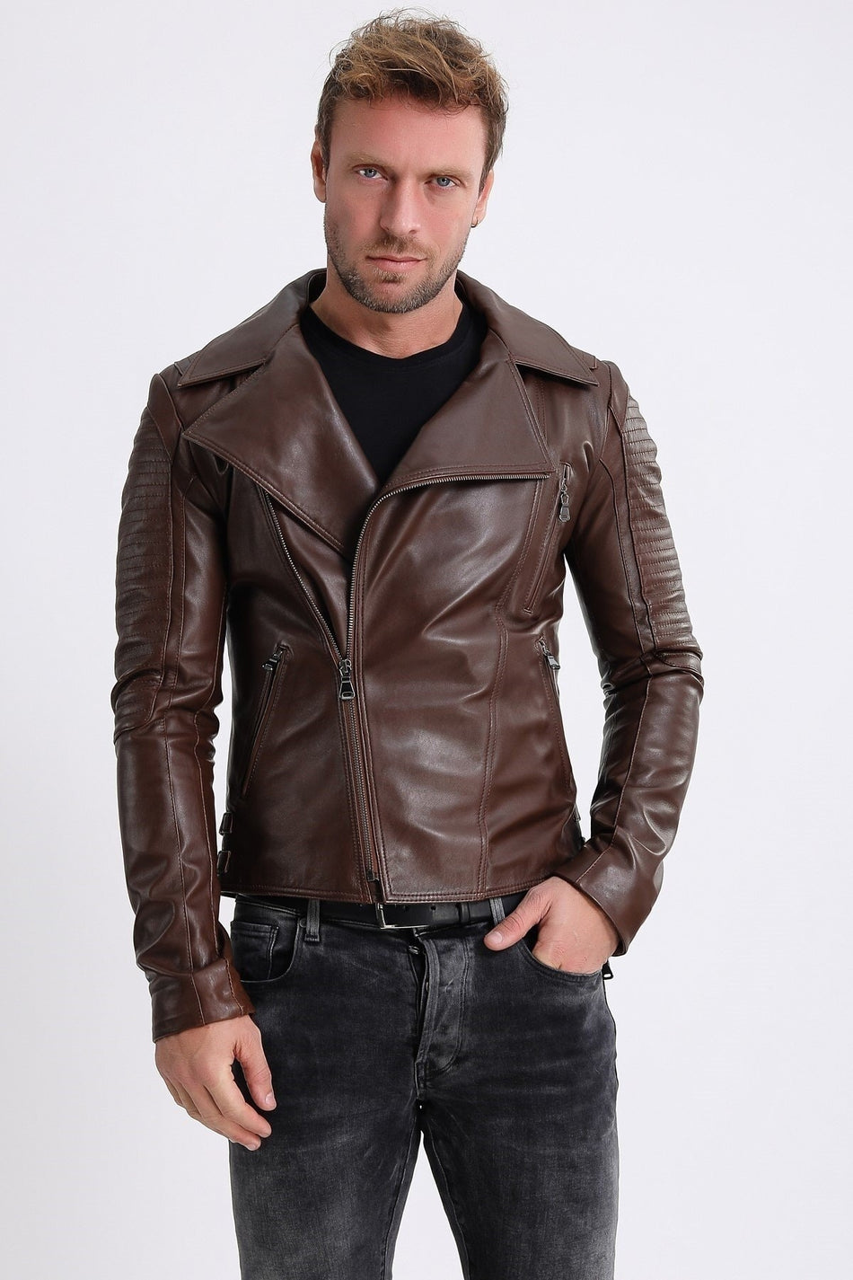 Leather Club Giacca biker in pelle color caffè