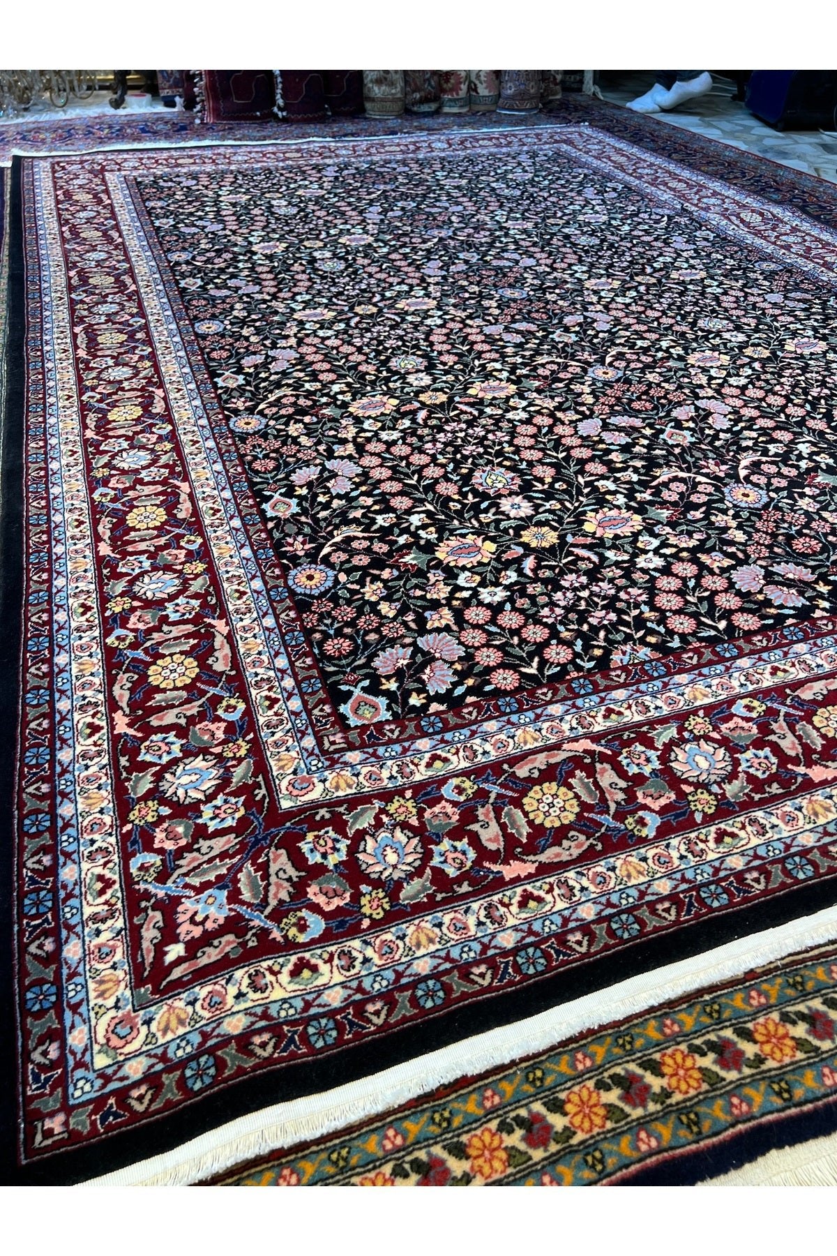 RD RAMAZAN DAG Hand Rug Art Hand-Woven Hereke Rug Signed Seven Mountains Flower Black Color Premium Quality Size 296x200 - MALLTURK