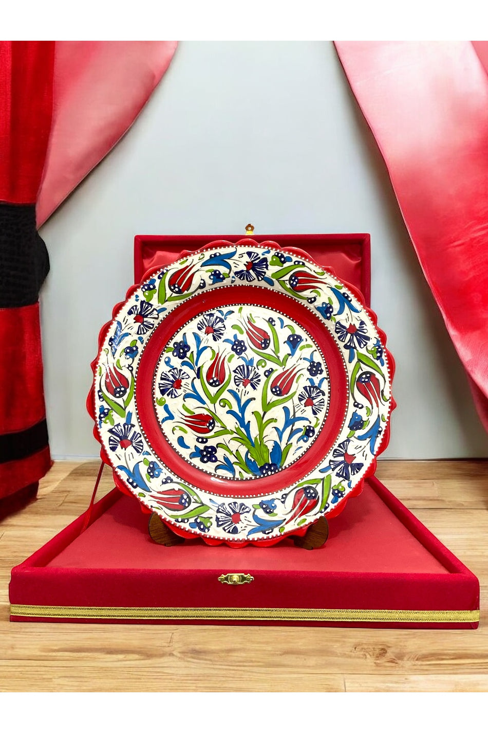 STORESZA Velvet Gift Box Handmade 30cm Kutahya Tile Decorative Tile Plate - Red - MALLTURK