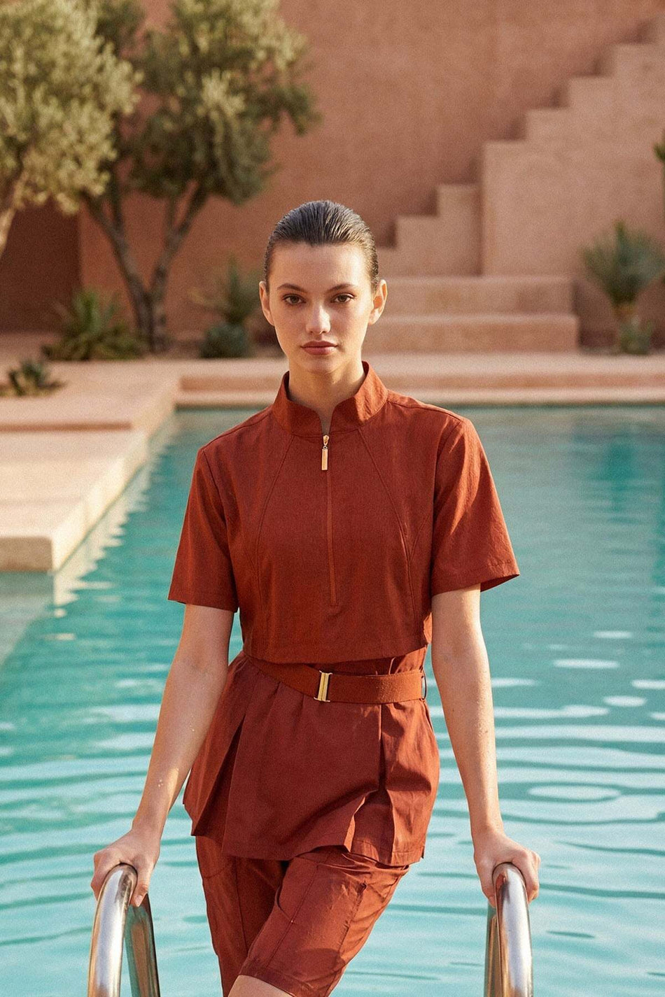 Hasema Vaha Collection Textured Fabric Terracotta 5-Piece Semi-Closed Swimsuit Set 6030
