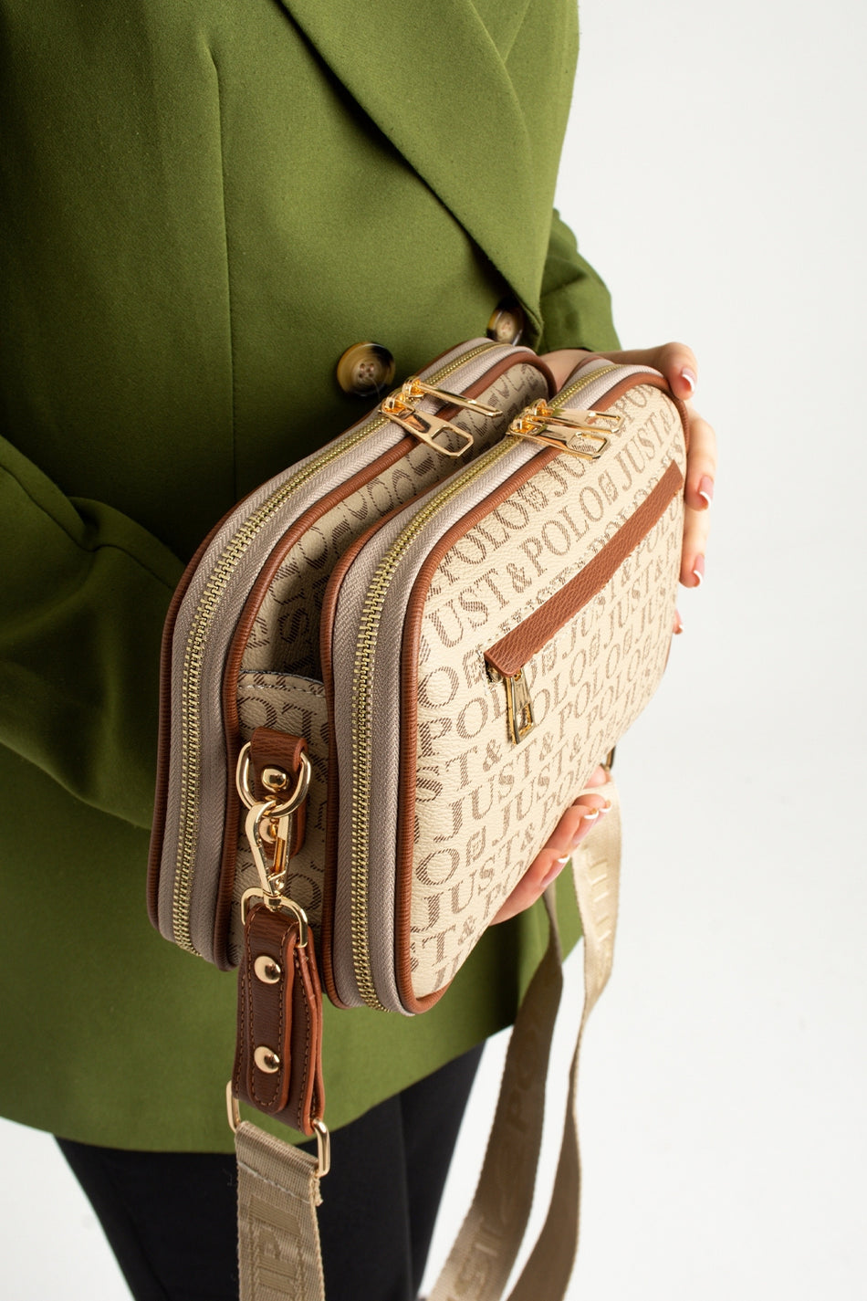 Just Polo Original Women's New Season 5-Compartment Luxury Soft Leather Adjustable Crossbody Shoulder Bag Sand Tan