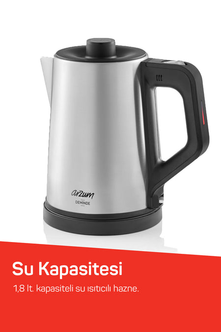 Arzum AR3129 Brewed Tea Maker 1800W, 1 L Teapot Capacity, Stainless Steel - MALLTURK