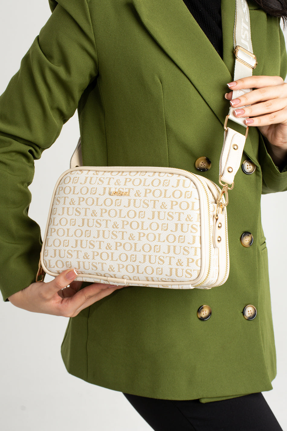 Just Polo Original Women's New Season 5-Compartment Luxury Soft Leather Adjustable Crossbody Shoulder Bag Cream