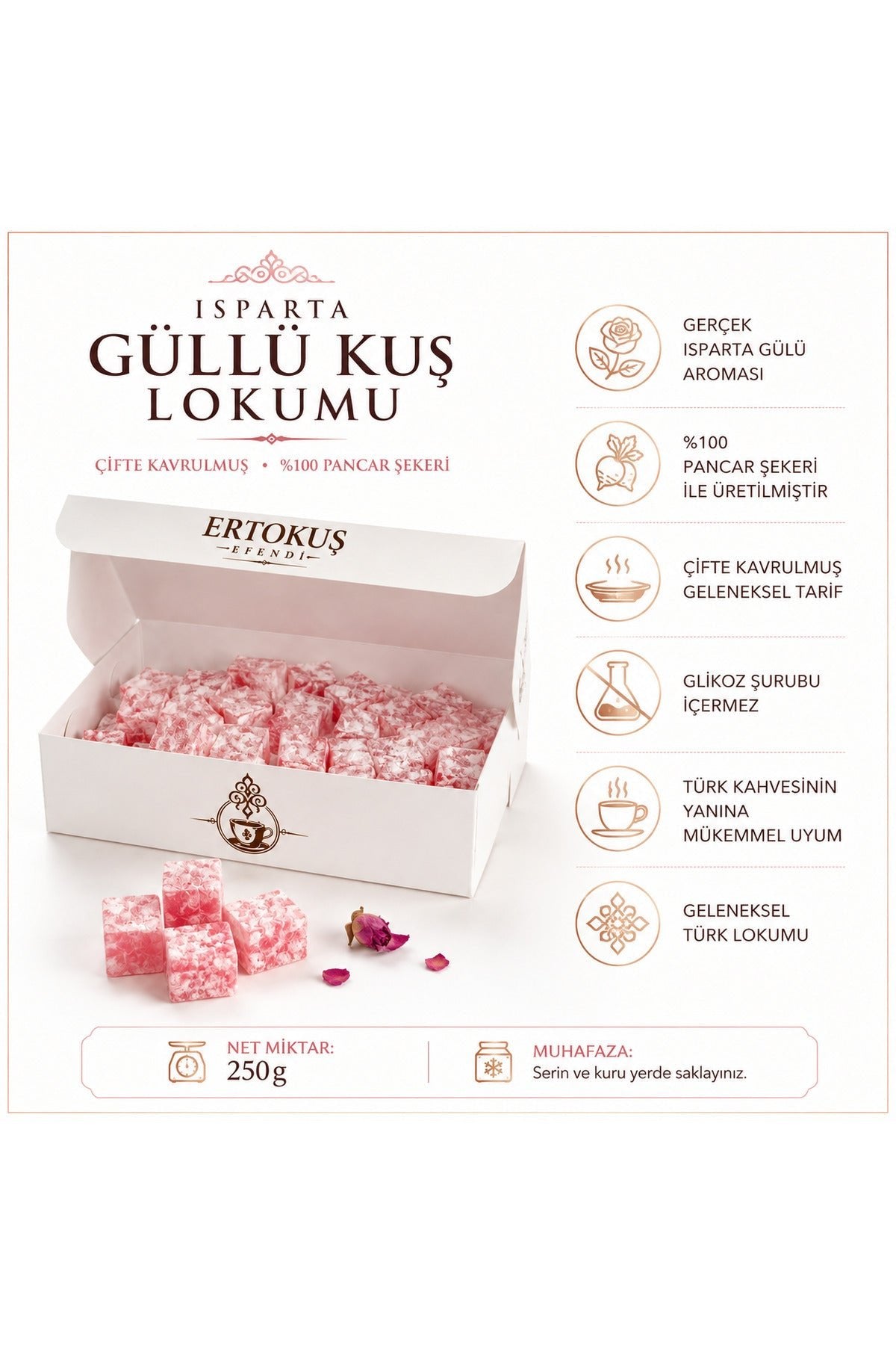 Ertokus Efendi isparta Rose Flavored Mini Turkish Delight Double Roasted 100 Beet Sugar 250 g - MALLTURK