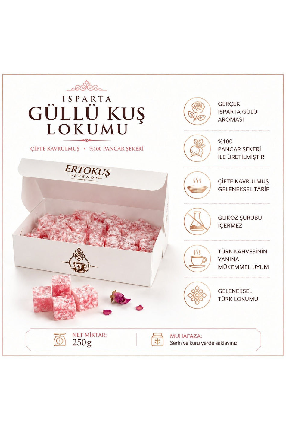 Ertokus Efendi isparta Rose Flavored Mini Turkish Delight Double Roasted 100 Beet Sugar 250 g - MALLTURK