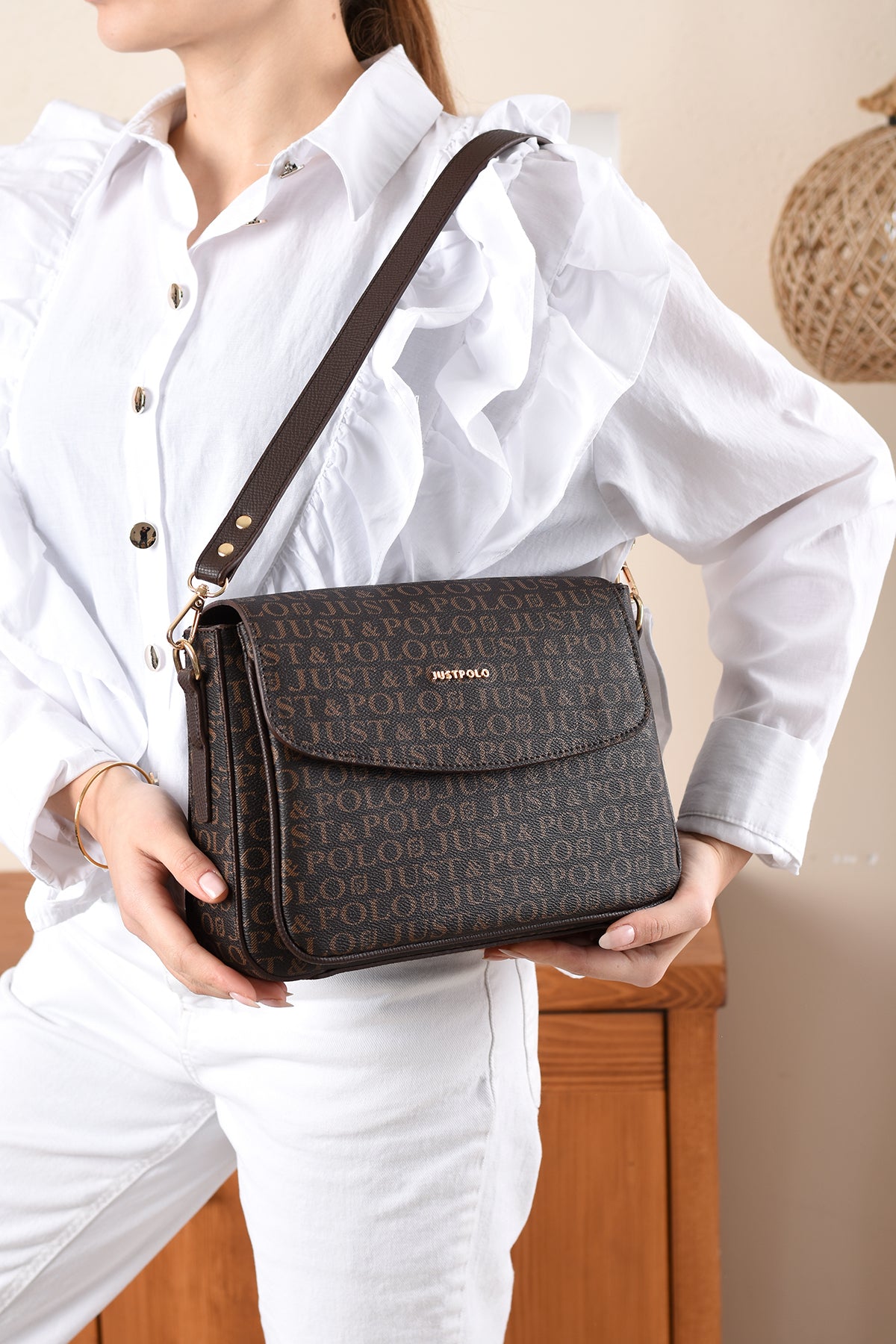 Just Polo Monogram Print Women's Handbag and Shoulder Bag Brown - MALLTURK