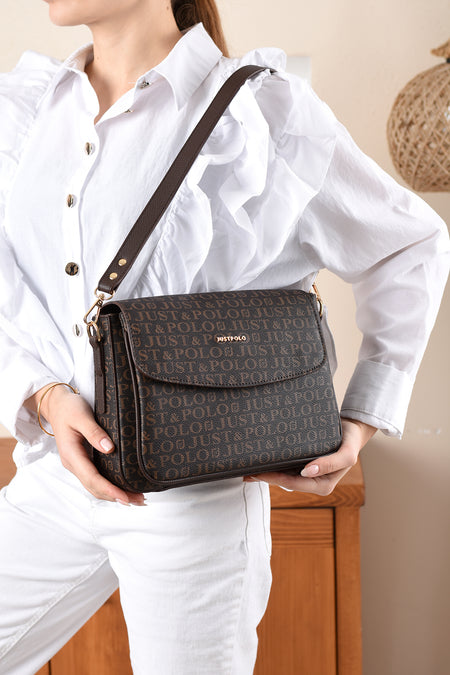 Just Polo Monogram Print Women's Handbag and Shoulder Bag Brown - MALLTURK