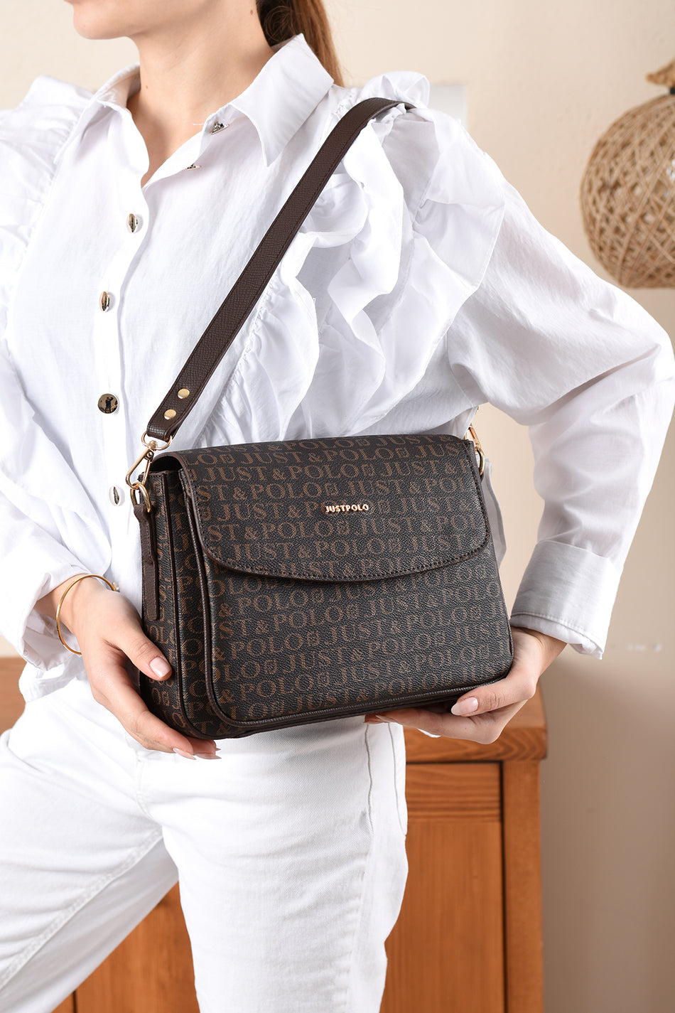 Just Polo Monogram Print Women's Handbag and Shoulder Bag Brown - MALLTURK