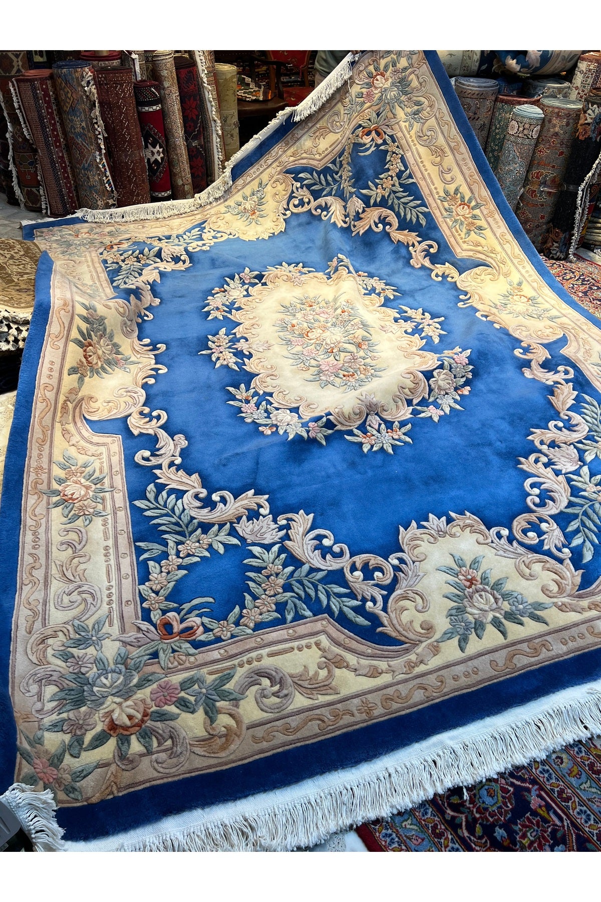 RD RAMAZAN DAG Hand Rug Art Hand-Woven Embossed Chinese Rug Premium Quality Cotton Fringe with Wool Weave Blue Color Size 363x274 - MALLTURK