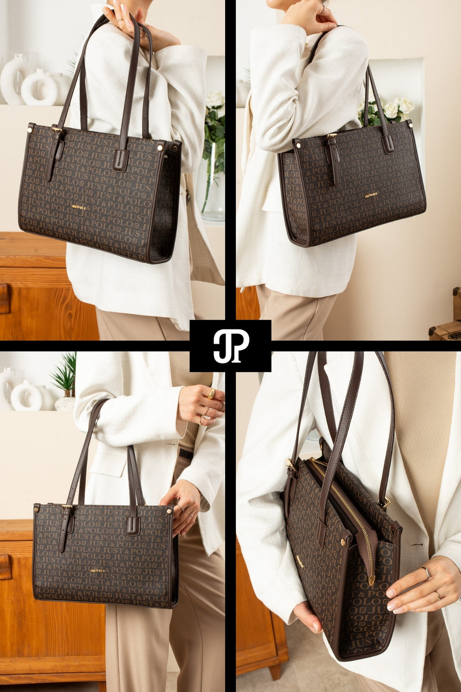 Just Polo Original Women's New Season Luxury Soft Leather Zippered Trendy & Stylish Large Handbag and Shoulder Bag Brown - MALLTURK
