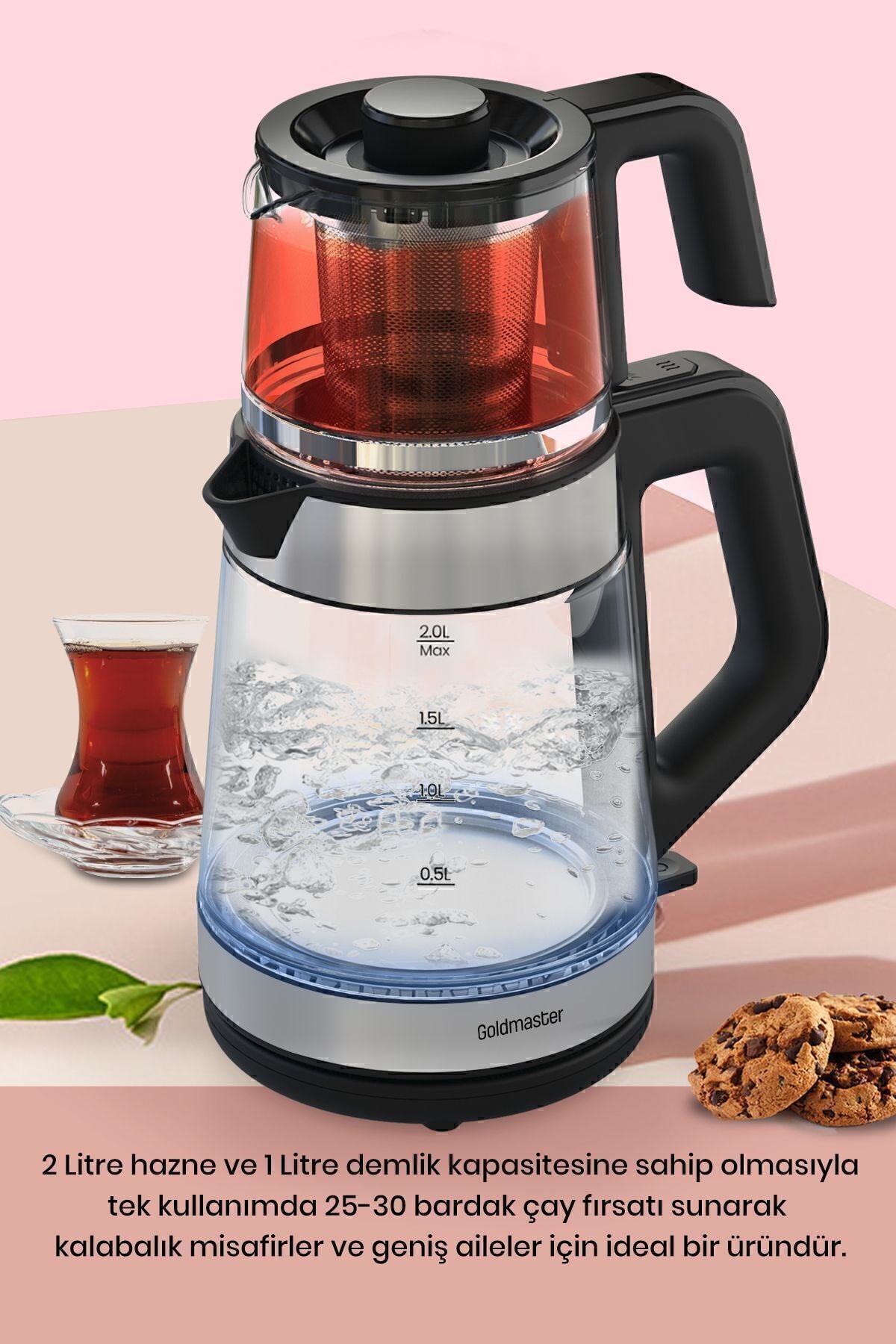 GoldMaster Yenidem Stainless Steel Large Capacity Tea Maker with German Schott Glass Teapot and LED Lighted Water Kettle - MALLTURK