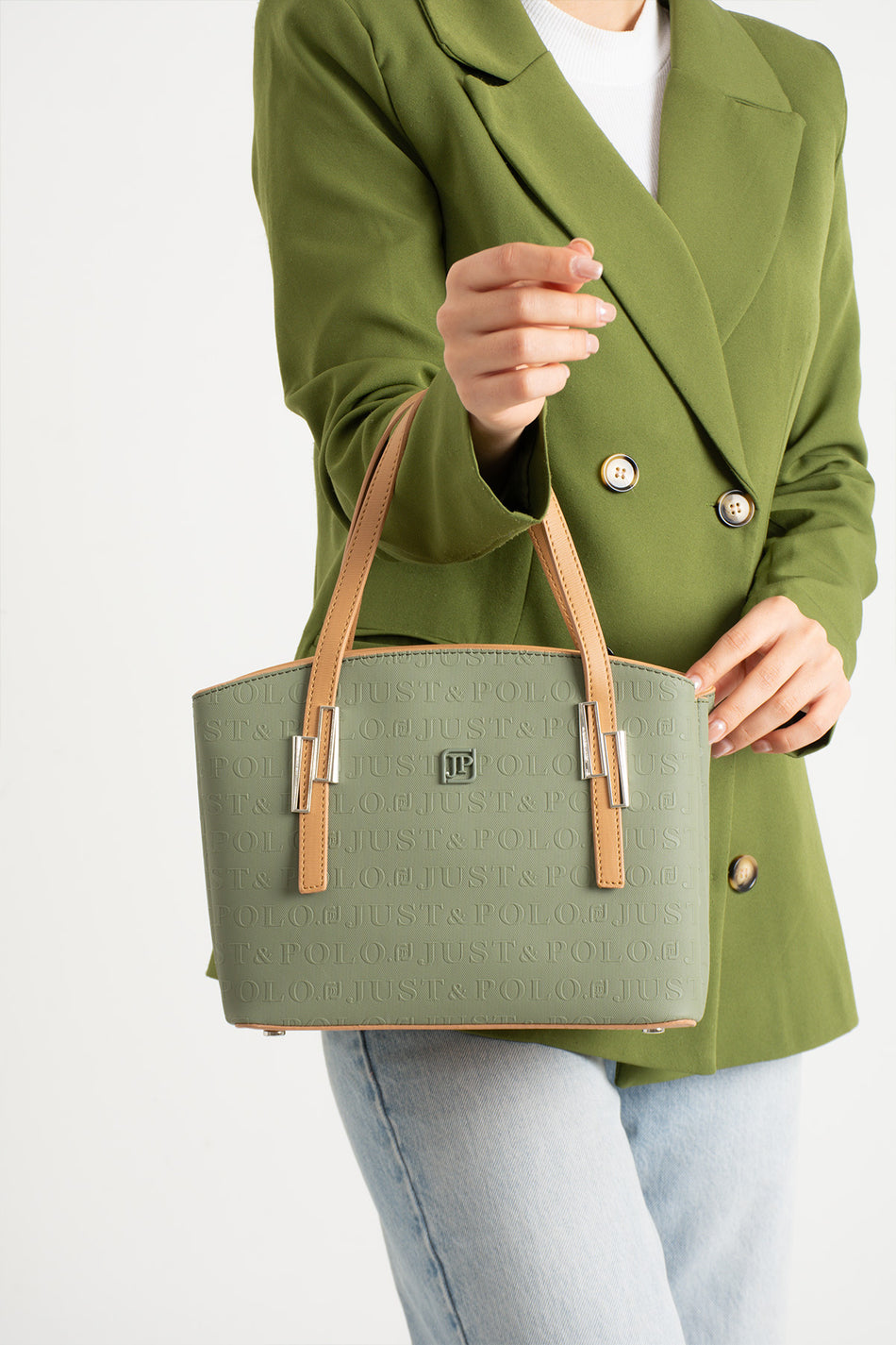 Just Polo Green Women's Embossed Zipper Closure Shoulder and Handbag with Long Adjustable Shoulder Strap - MALLTURK