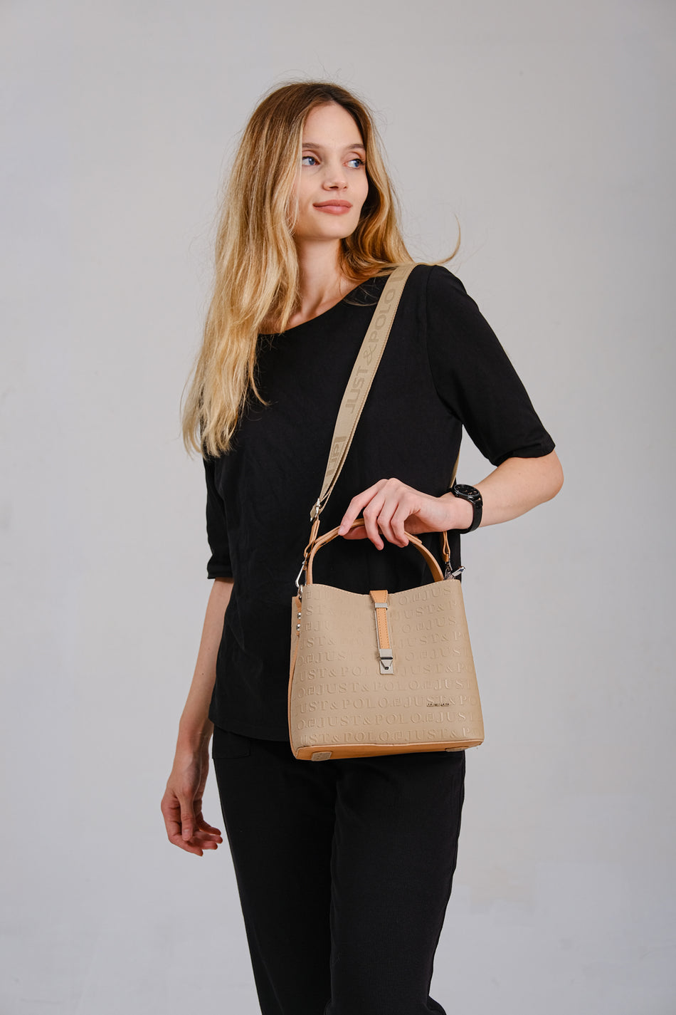 Just Polo Women's Embossed Print Vegan Shoulder and Handbag with Lock Detail JPM4002 KUM - MALLTURK