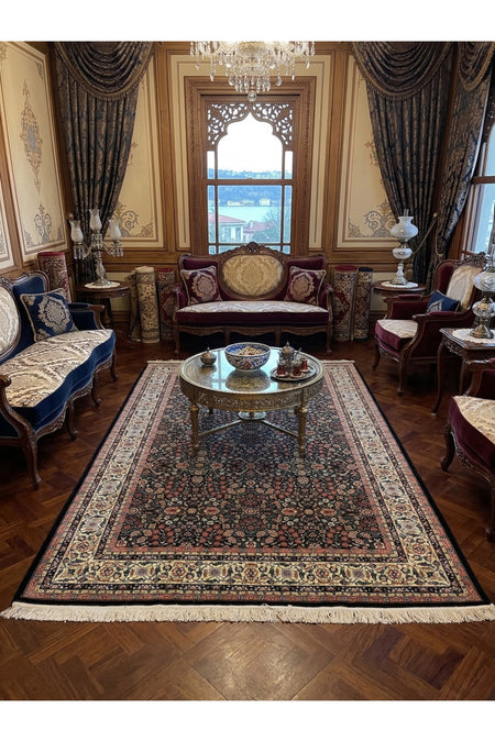 FT Halicilik Sumerbank Hereke Hand-Woven Rug Black Zemin Seven Mountains Flower Deseni- [200 cm * 290 cm ] - MALLTURK
