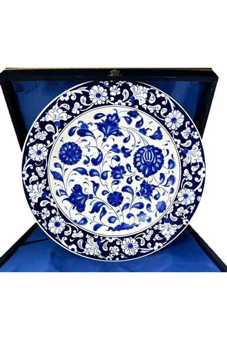 Cini Evi Kaymakama Gift Blue White Lotus Patterned Iznik Tile Plate - MALLTURK