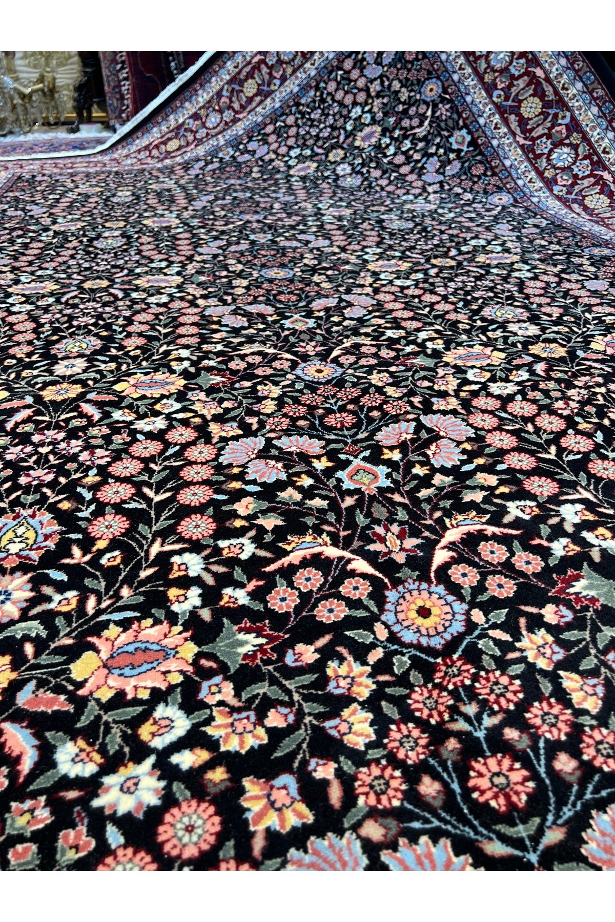 RD RAMAZAN DAG Hand Rug Art Hand-Woven Hereke Rug Signed Seven Mountains Flower Black Color Premium Quality Size 300x200 - MALLTURK