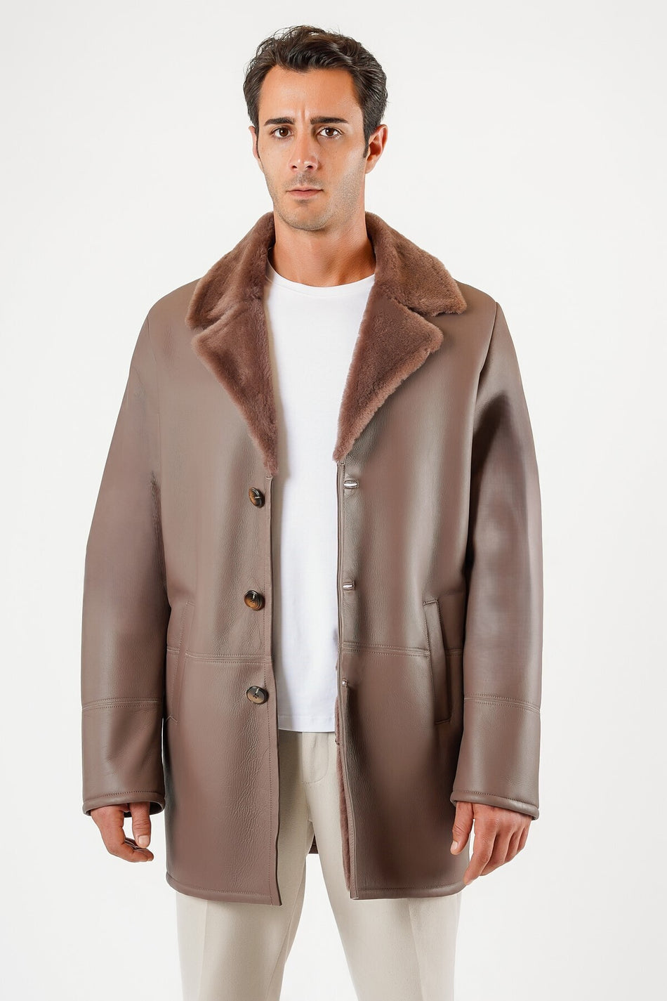 Beige leren jas van echt leer van Leather Club met zijdezachte voering van imitatiebont