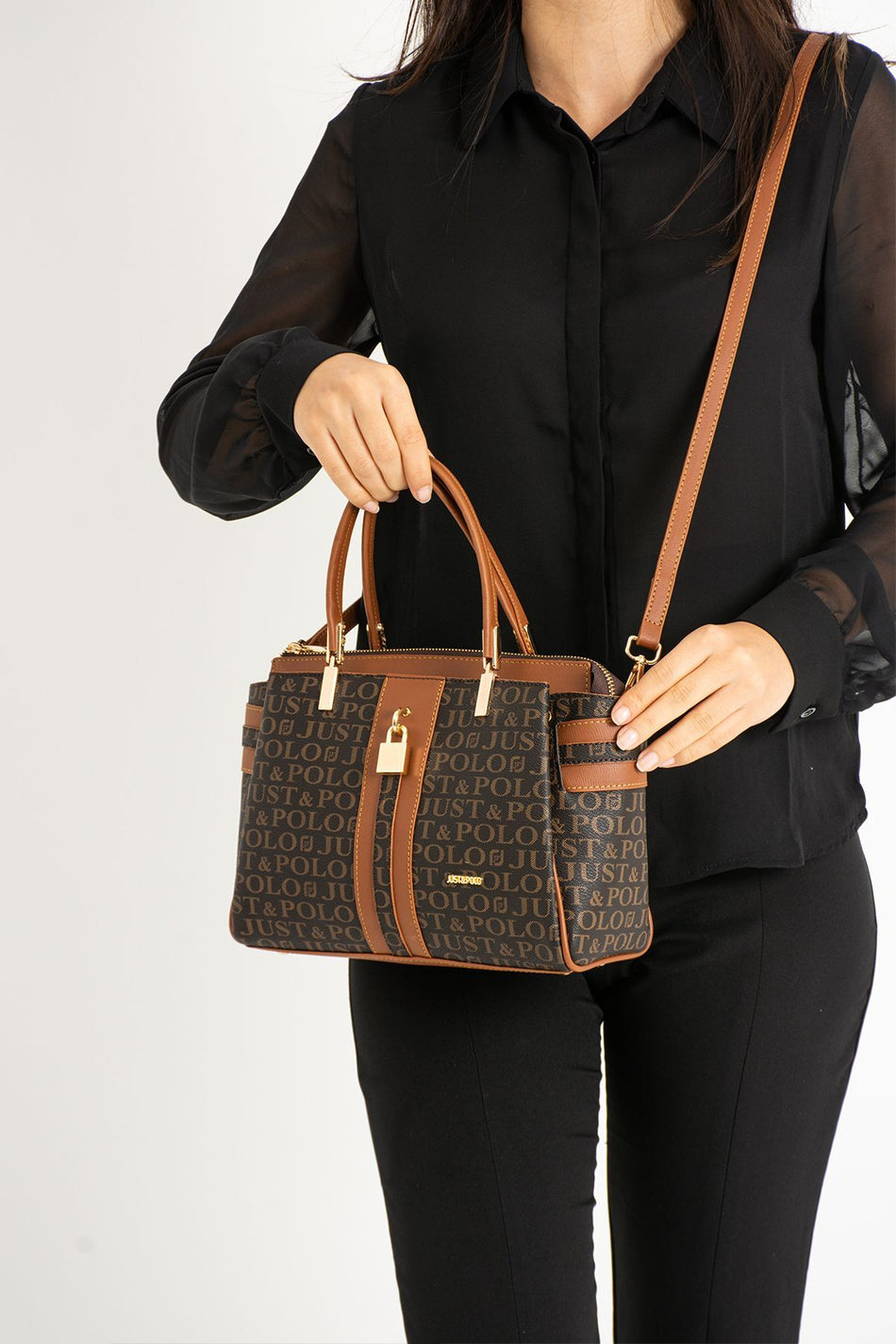 Just Polo Brown Monogram Women's Hand and Shoulder Bag - MALLTURK