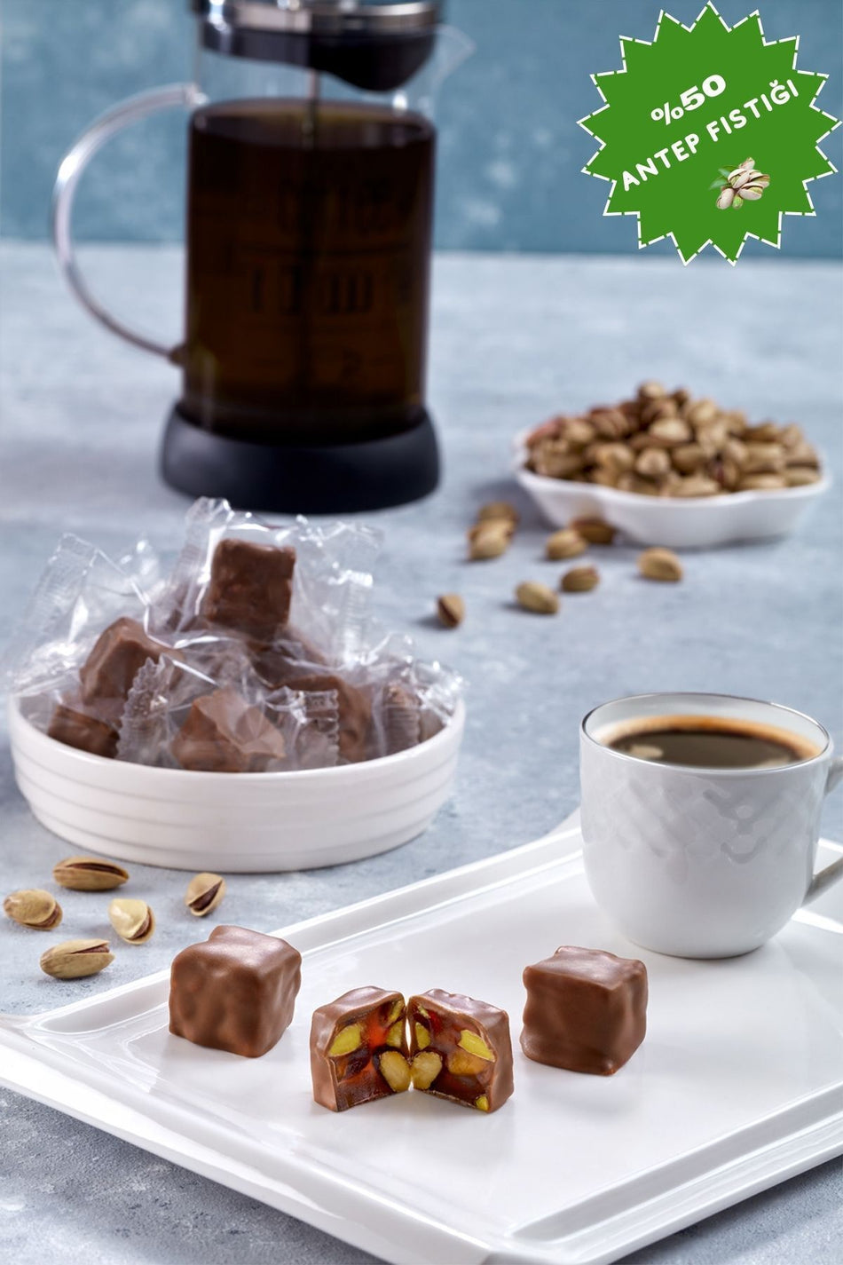 LOQO gercek Pistachio 50 Milk Chocolate Coated Double Roasted Turkish Delight 1 kg tek tek paketli