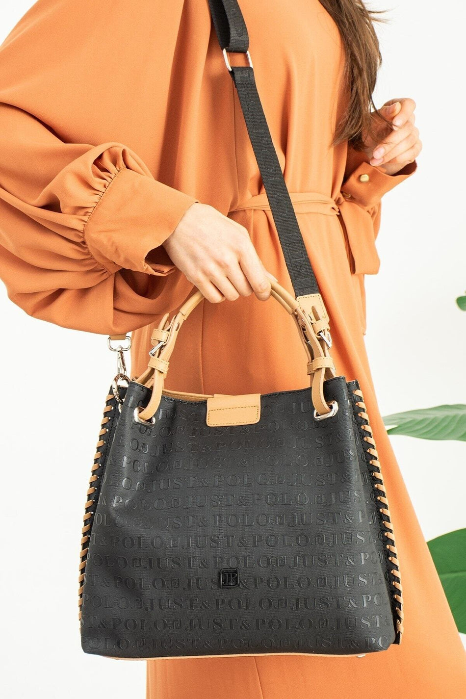 Just Polo Embossed Pattern Magnetic Snap Closure Handbag with Shoulder Strap - MALLTURK