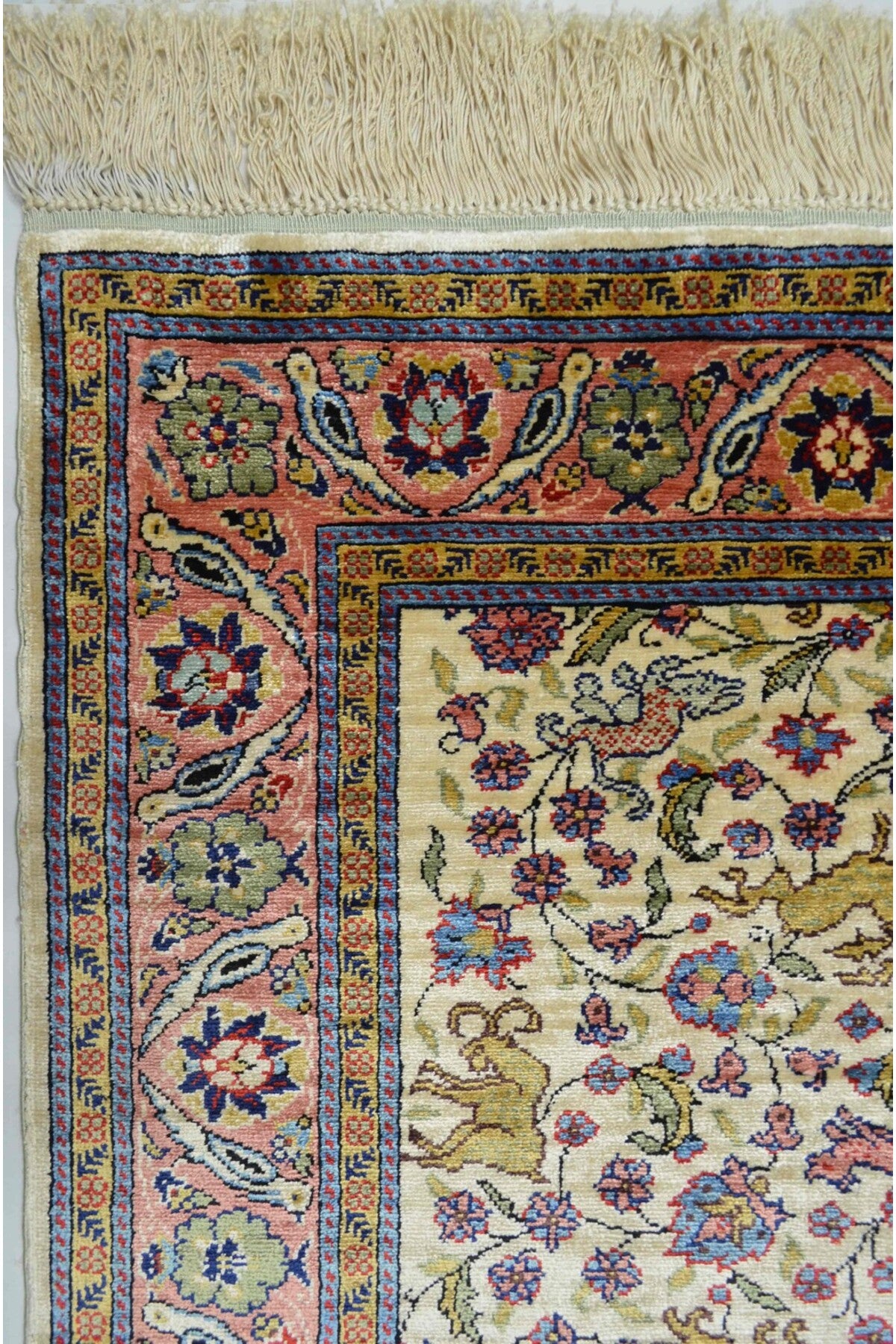 Handmade Pure Silk Hand-Woven Cream and Pink Color Kayseri Rug Runner 82x200 cm (1.64 m2)