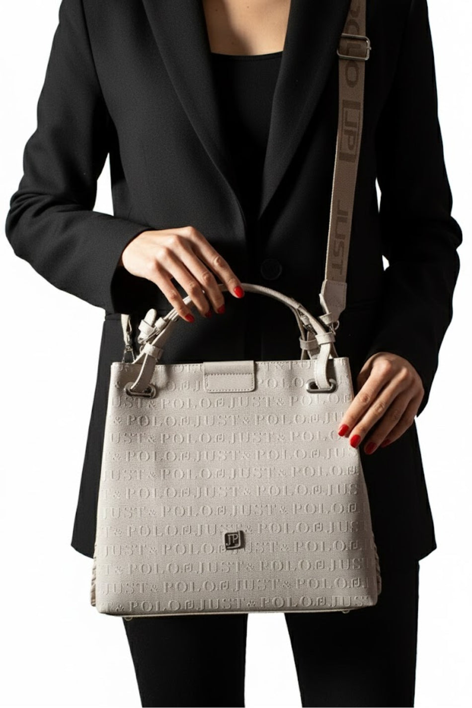Just Polo Black Women's Embossed Pattern Magnetic Snap Closure Handbag with Shoulder Strap JP4031 Stone