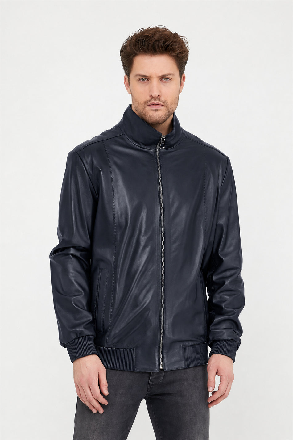 Chaqueta clásica de cuero azul marino Leather Club
