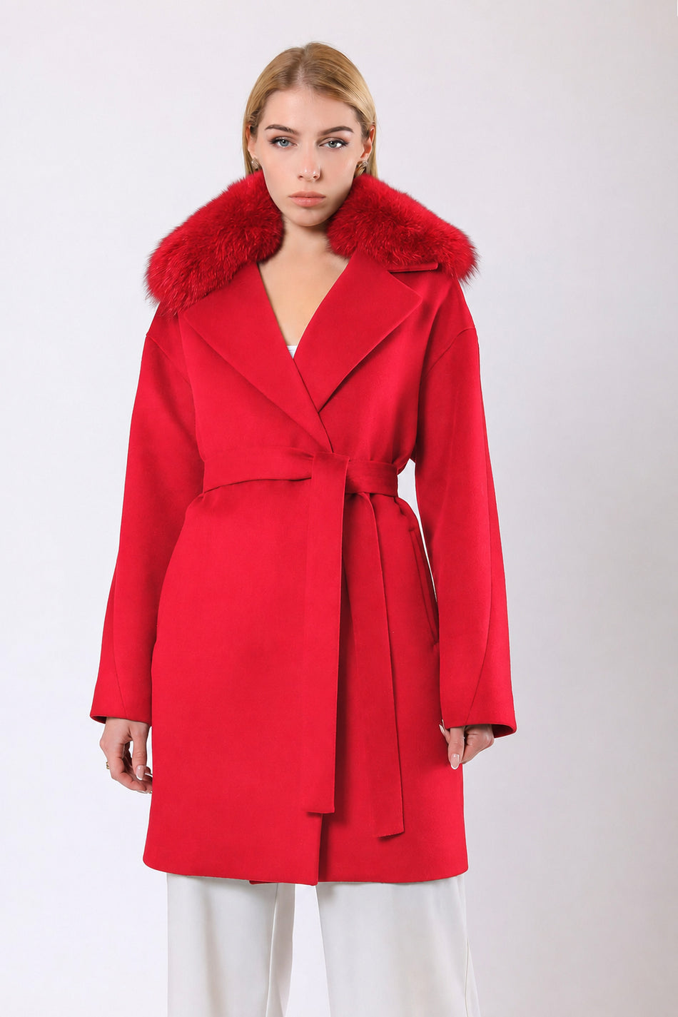 Leather Club Pomegranate Blossom Cashmere Coat with Fur Accessories