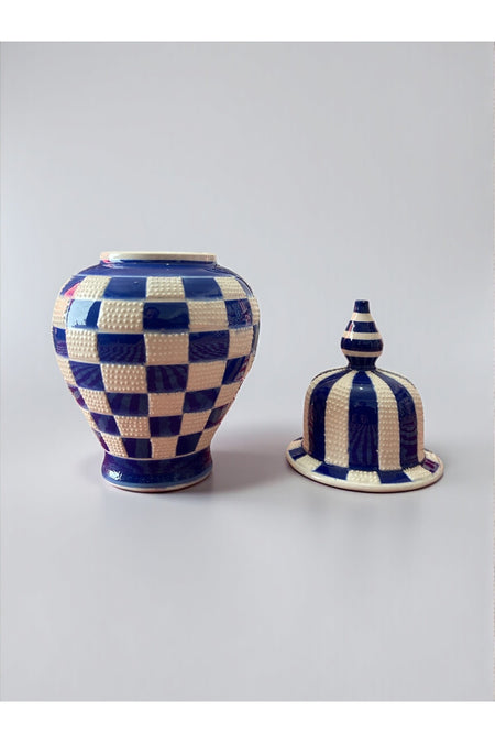 YOOS Handmade Wheelwork 25cm Kutahya Ceramic Checkered Shah Cube Ceramic Vase Dark Blue - MALLTURK