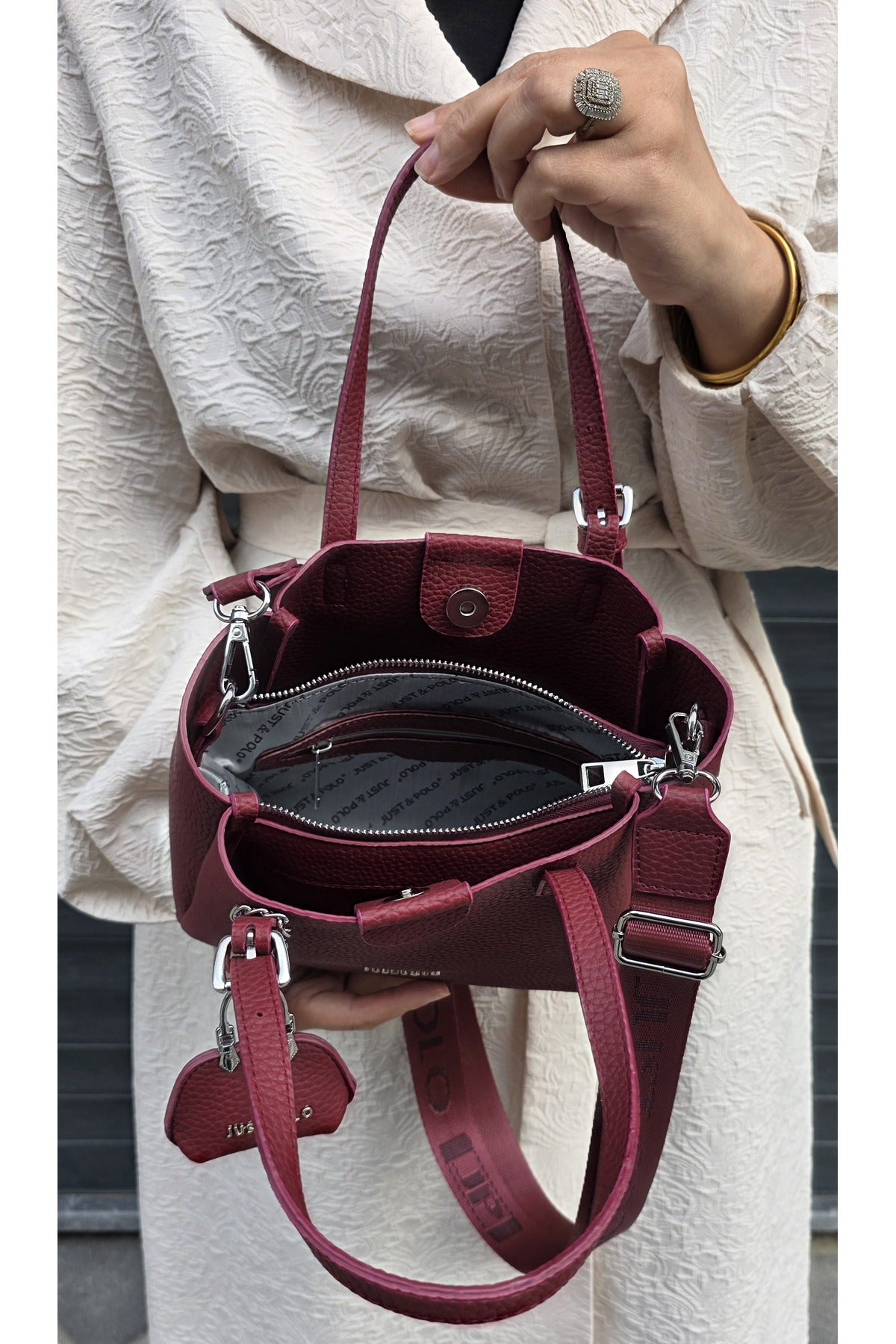 Just Polo Women's New Season 3-Compartment Luxury Soft Leather Adjustable Crossbody Stylish Shoulder Bag Burgundy - MALLTURK