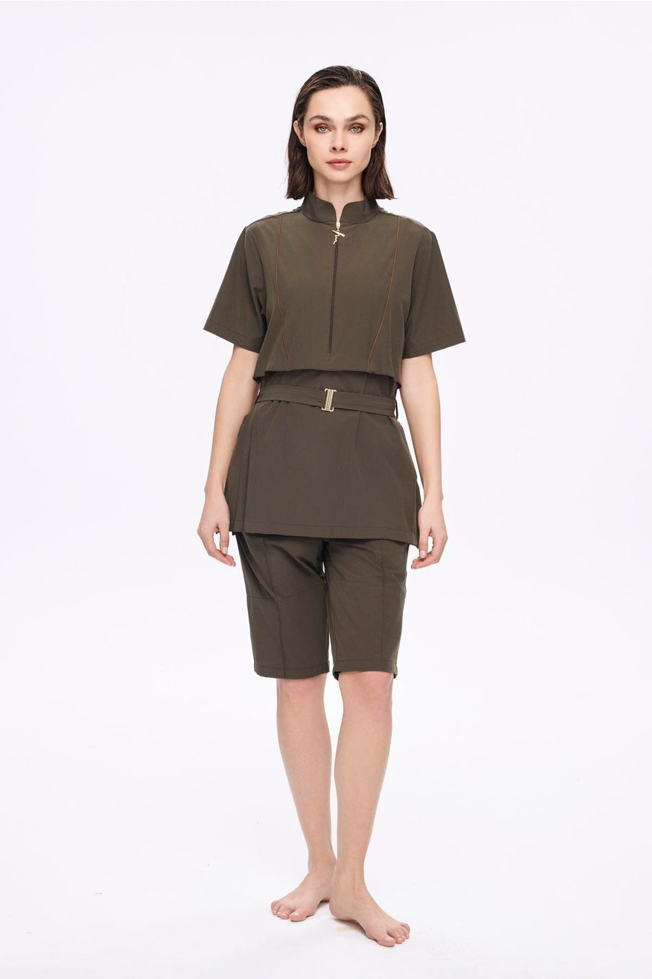 Khaki 5-Piece Semi-Closed Swimsuit Set with Belt Buckle Detail 5047
