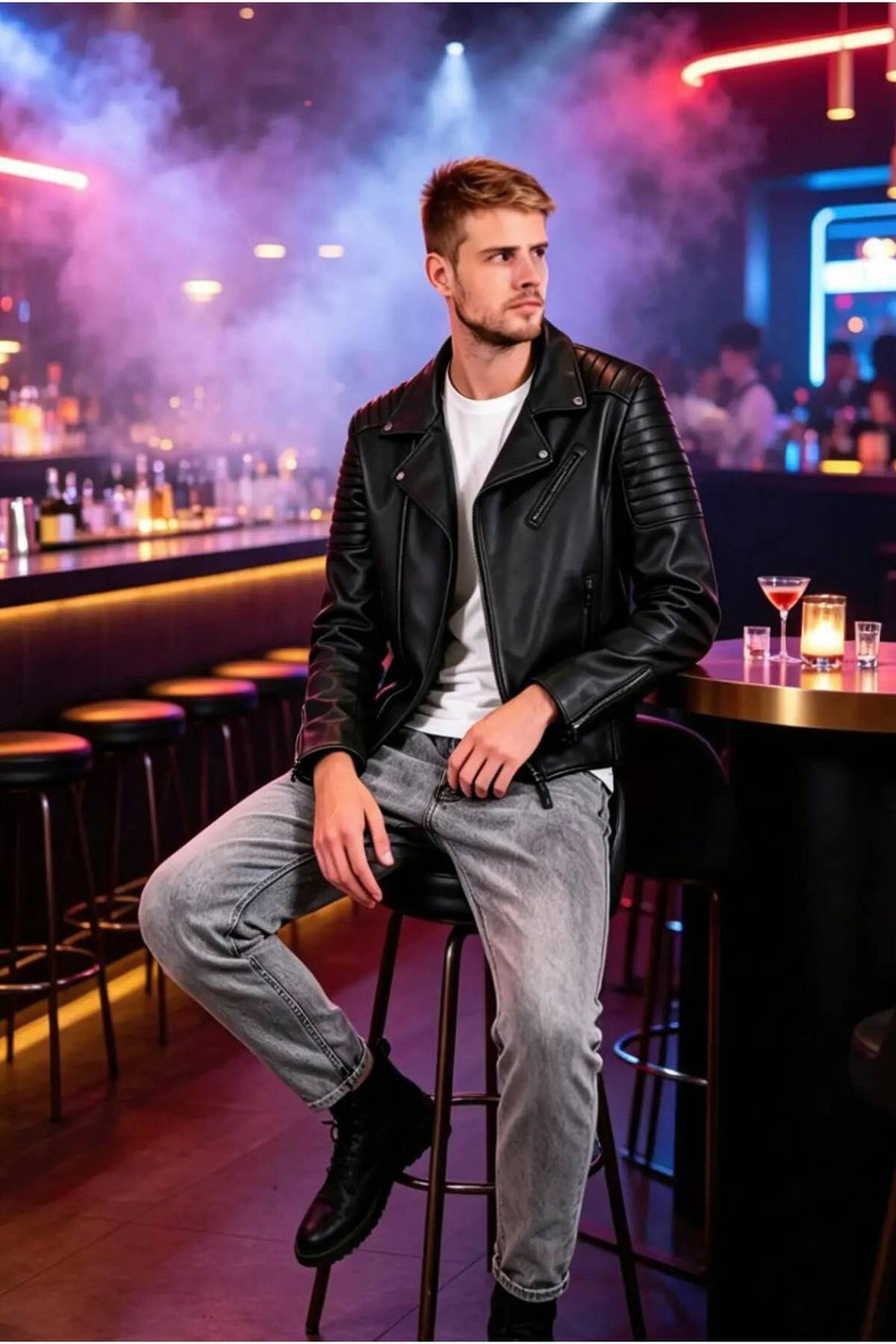 ALIN Echo Men's Genuine Leather Biker Leather Jacket Black