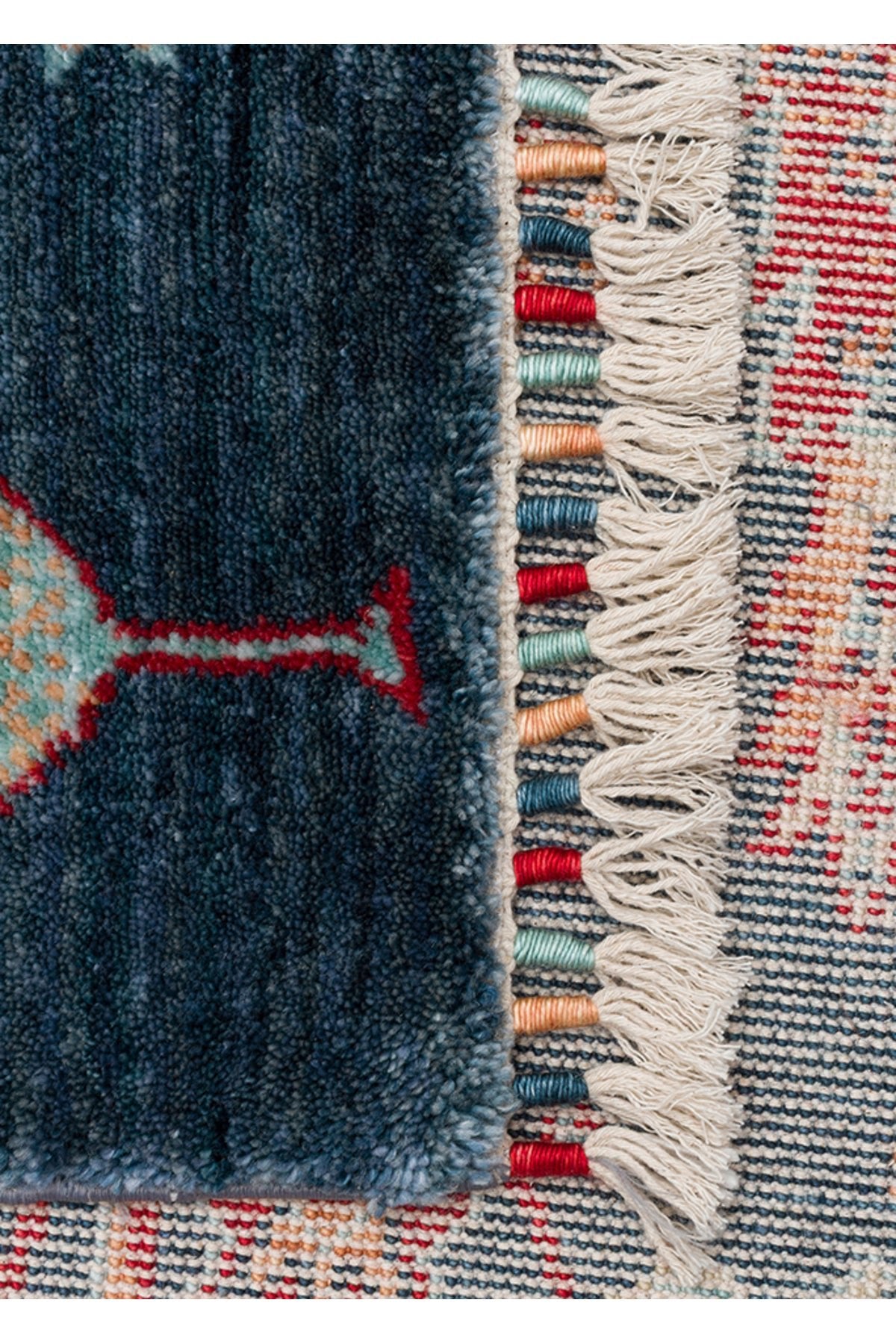 Vog Hali Efsun Handmade Tree of Life Pattern Navy Blue Lyocell Special Loom Modern Ethnic Fringed Living Room Rug - MALLTURK