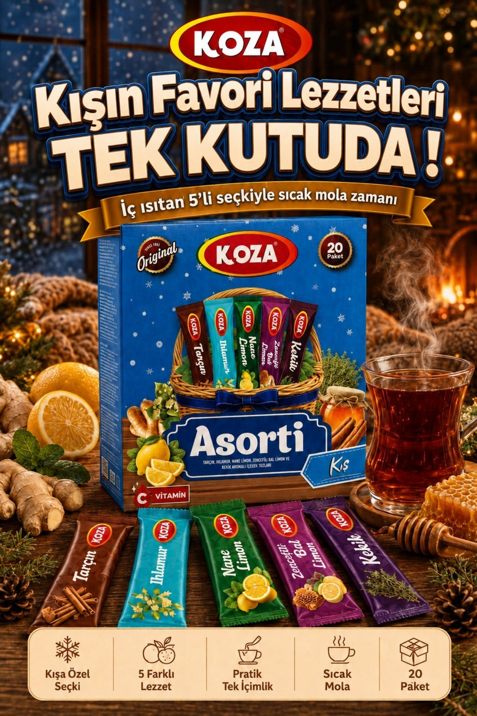 Koza Winter Tea Pack 5-Pack Assorted Mix Practical Flavor Single-Serving Winter Tea Mixed Pack 5 x 4 - 20 Sticks