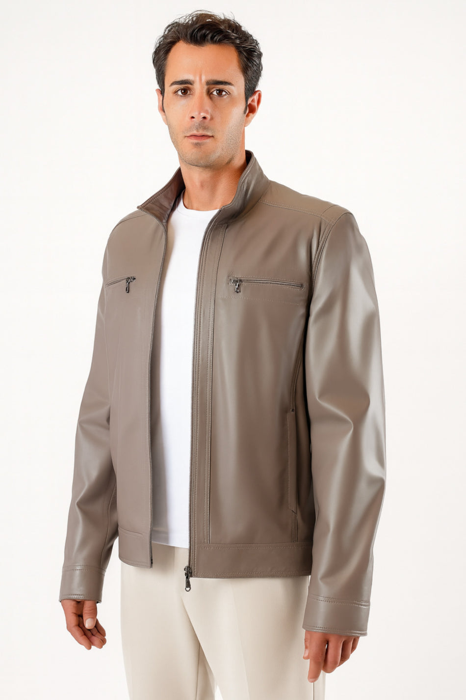 Chaqueta de cuero genuino beige Leather Club