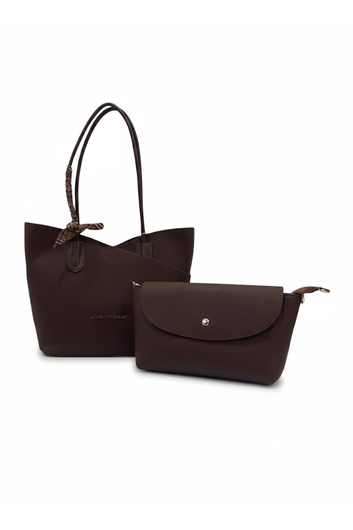 Just Polo Women's Handbag and Clutch Set - Stylish Everyday Bag with Shawl Detail Brown Large Size - MALLTURK