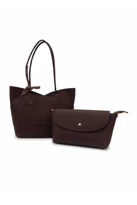 Just Polo Women's Handbag and Clutch Set - Stylish Everyday Bag with Shawl Detail Brown Large Size - MALLTURK