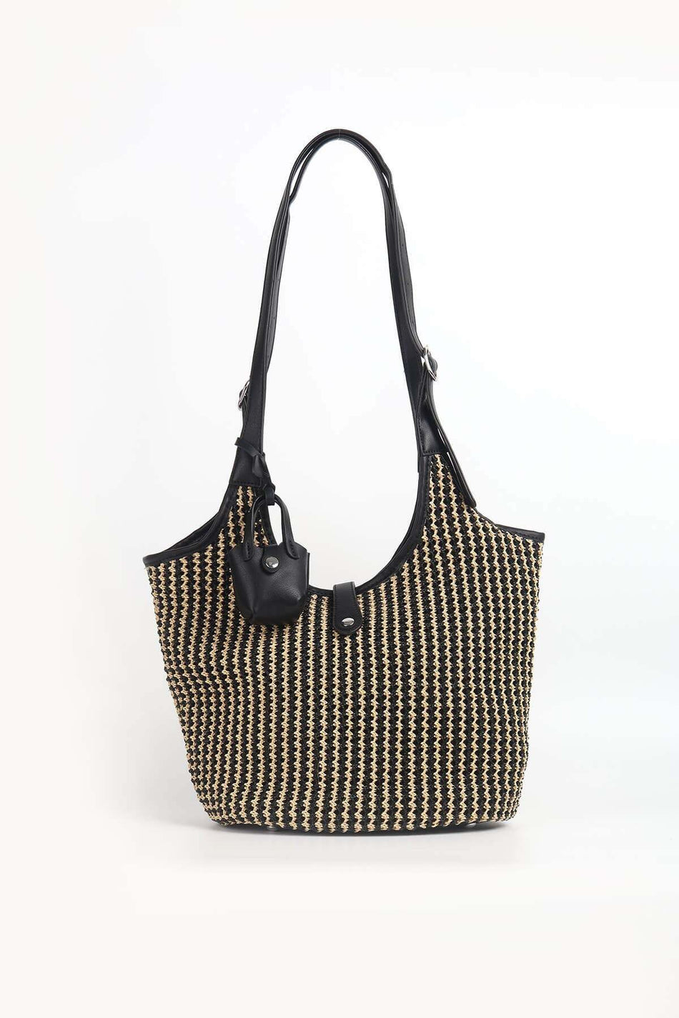 Hasema Leather Detail Black Beige Woven Straw Beach Bag 1301