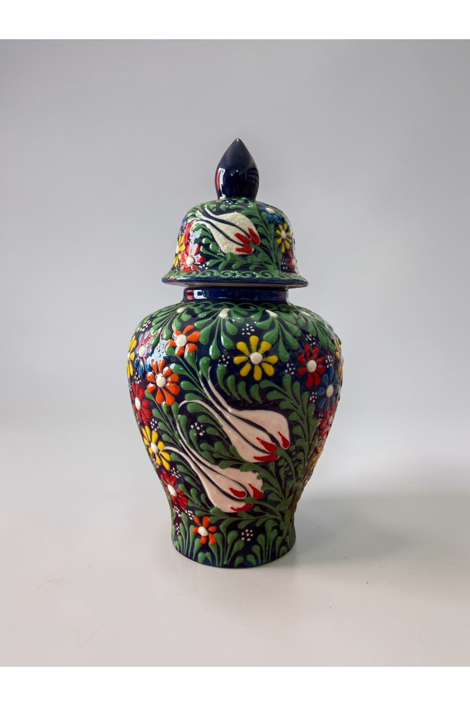 YOOS Handmade 25cm Embossed and Lace Work Navy Blue Shah Cube Ceramic Vase - MALLTURK