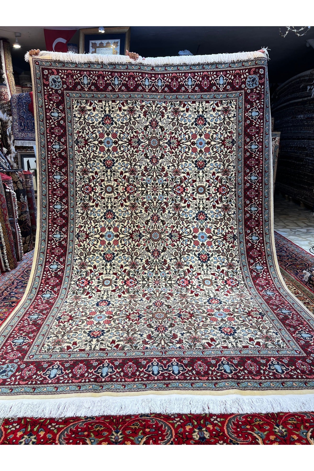 RD RAMAZAN DAG Hand Rug Art Hand-Woven Sumerbank Hereke Rug Premium Quality Signed Kucuk Lalezar Pattern Cotton Fringe with Wool Weave Size 300x200 - MALLTURK