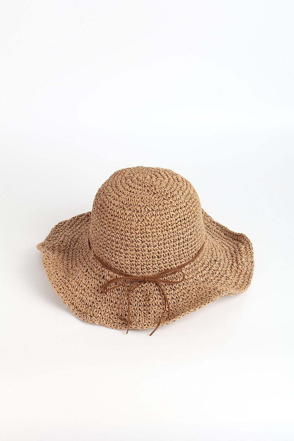 Hasema Round Woven Straw Beach Hat with Lace Detail, Camel Color, 14632