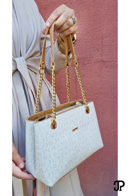 Just Polo Original Women's 3-Compartment Luxury Soft Leather Adjustable Crossbody Bag with Chain Detail Shoulder Bag White Bag - MALLTURK