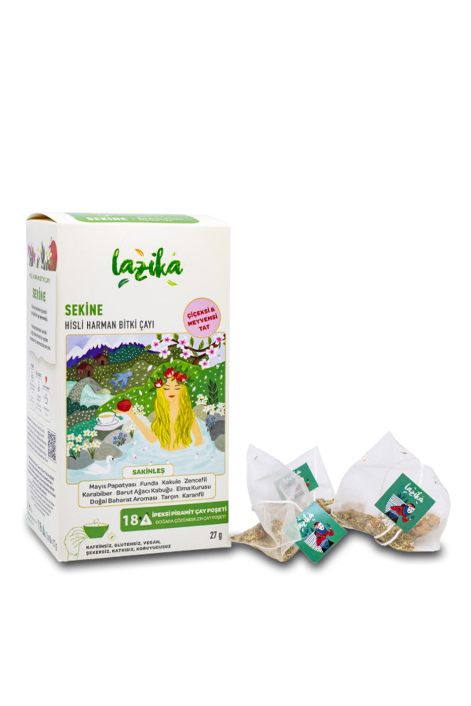 LAZIKA Sensitive Blend Sekine Herbal Tea 18-Pack PLA Pyramid Tea Bags - Chamomile, Cardamom, Ginger, Cinnamon - MALLTURK