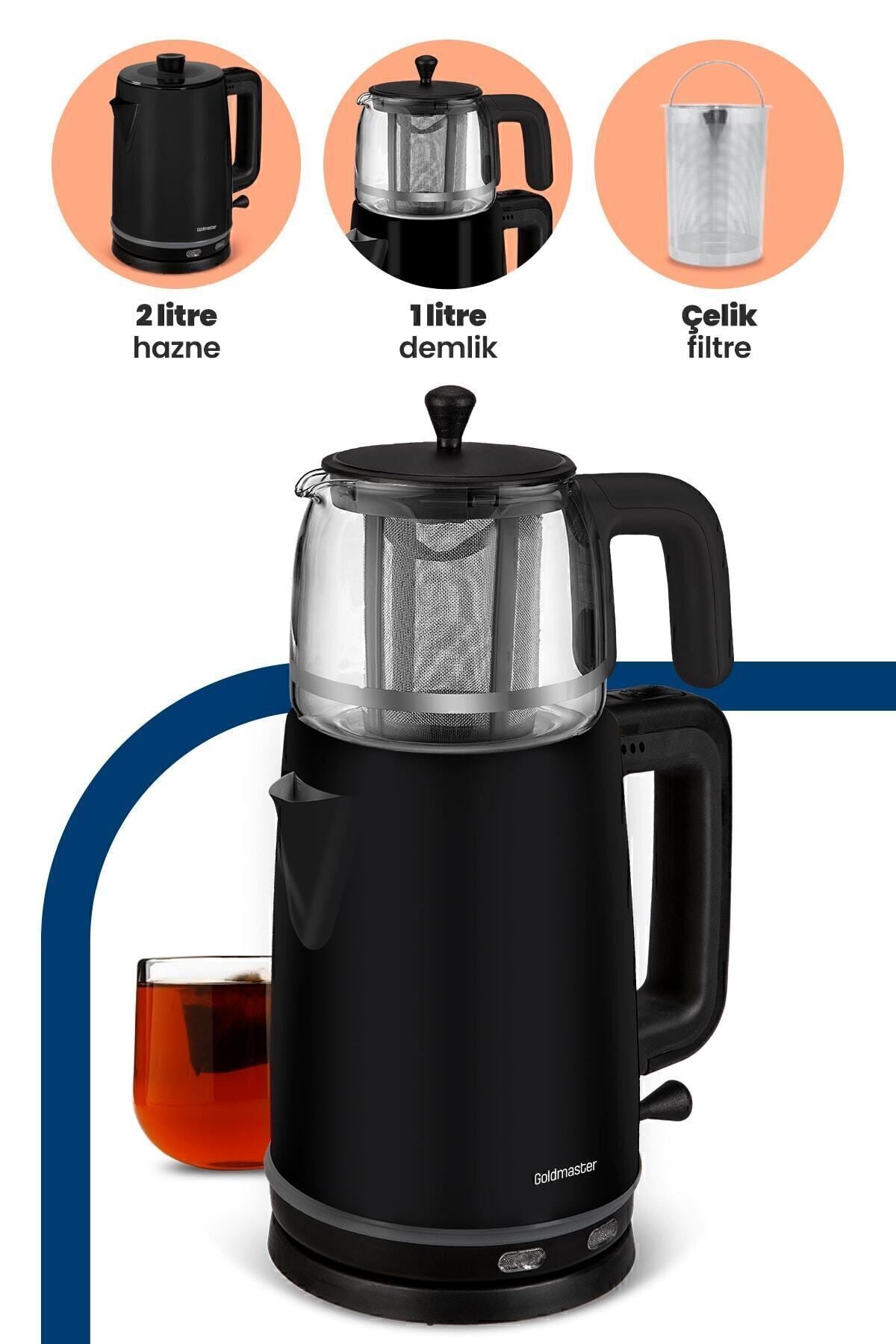 GoldMaster Emirgan Black 2200 Watt Large Capacity Stainless Steel Tea Maker and Water Kettle - MALLTURK