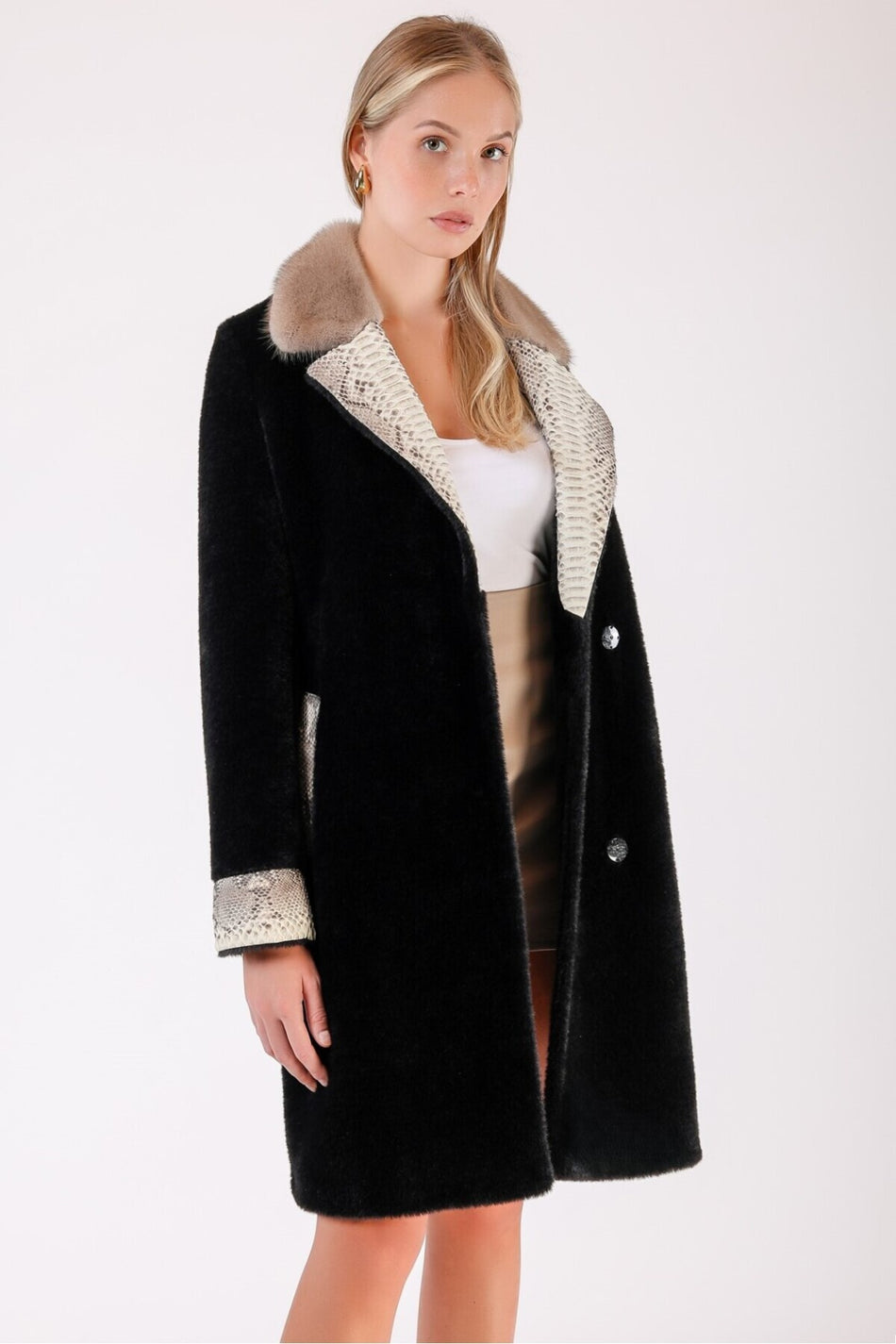 Leather Club Black Wool Coat with Fur Accessories and Leather Trim