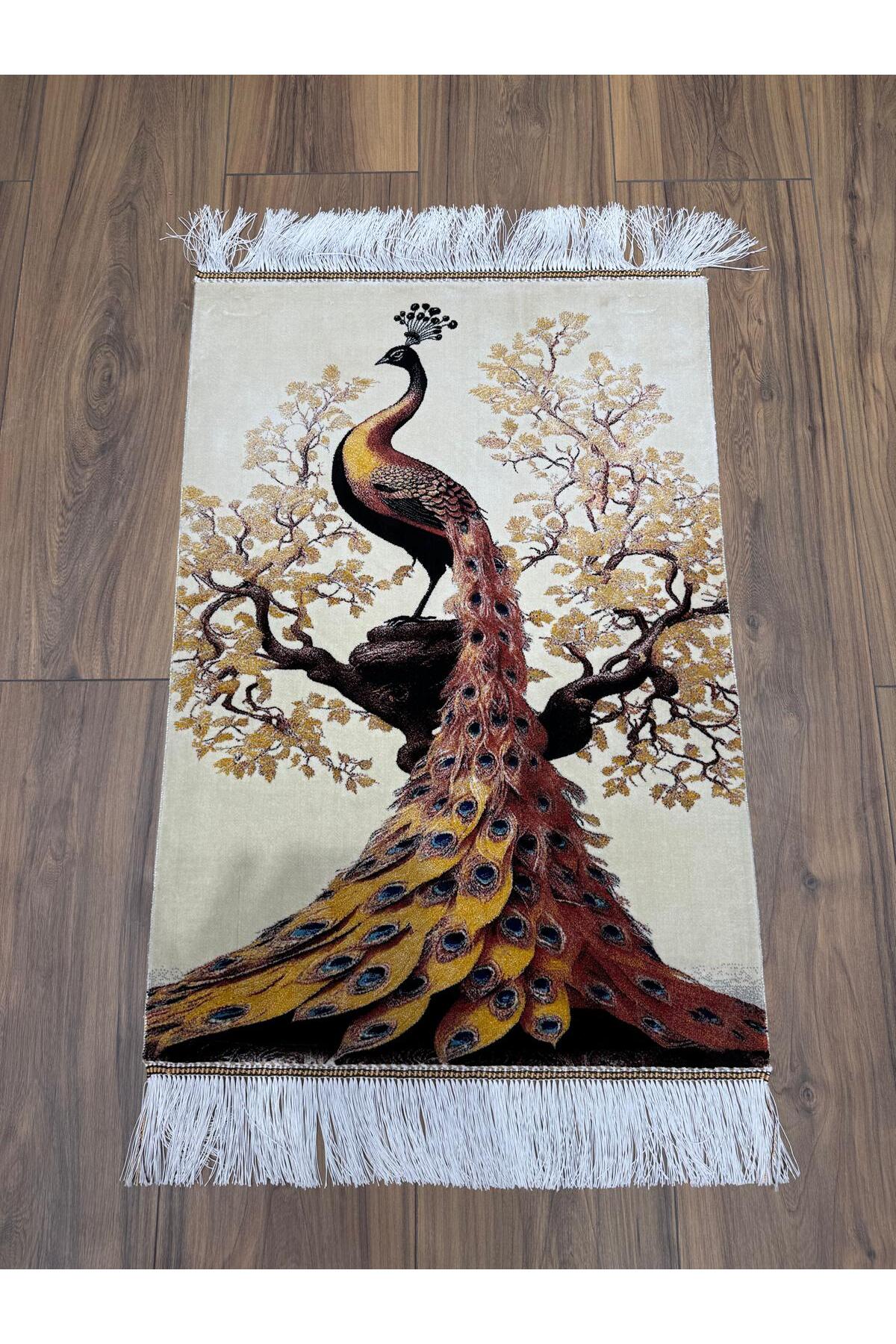 Nesem Rug Boutique Hand-Woven Iranian Silk CREAM Wall Rug Silk Fringe Peacock - MALLTURK