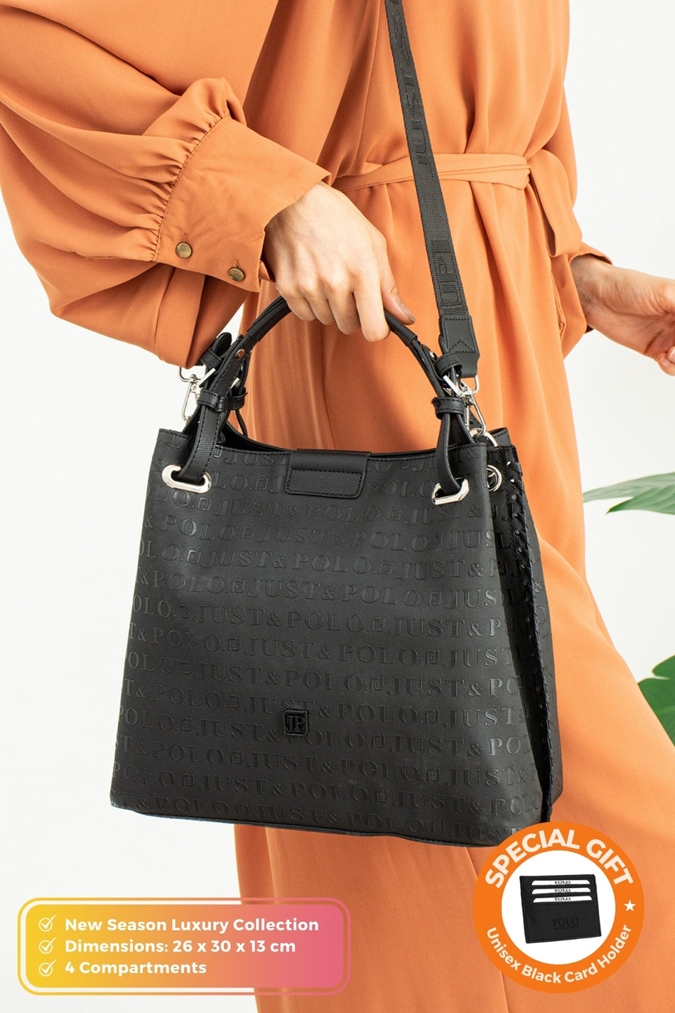 Just Polo Original Women's Black New Season 4-Compartment Luxury Soft Leather Adjustable Crossbody Shoulder Bag - MALLTURK