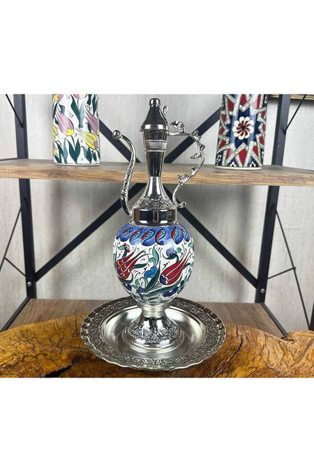 Cini Evi Classic Red Tulip Patterned Silver-Plated Tile Ewer Set - MALLTURK