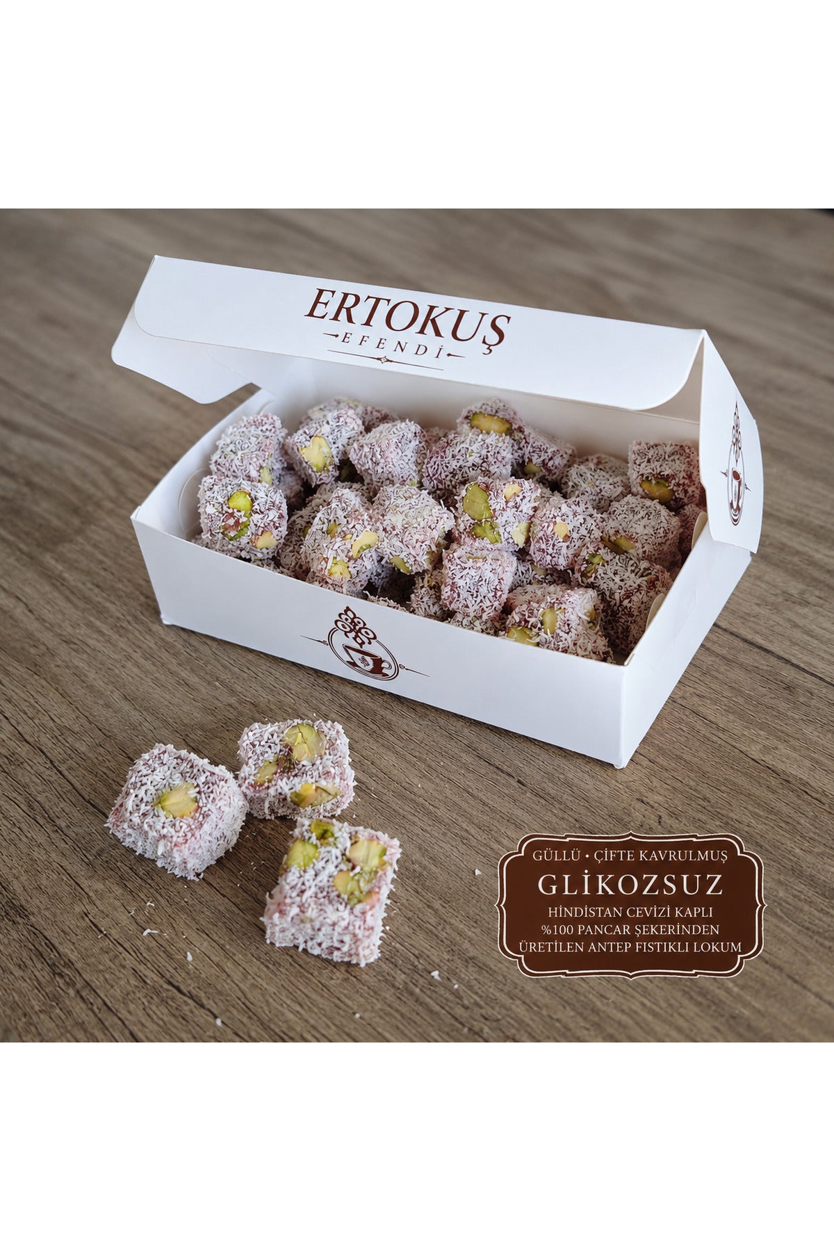 Ertokus Efendi isparta dogal Rose Flavored Extra Pistachio Turkish Delight 250 g Double Roasted 100 seker pancari - MALLTURK